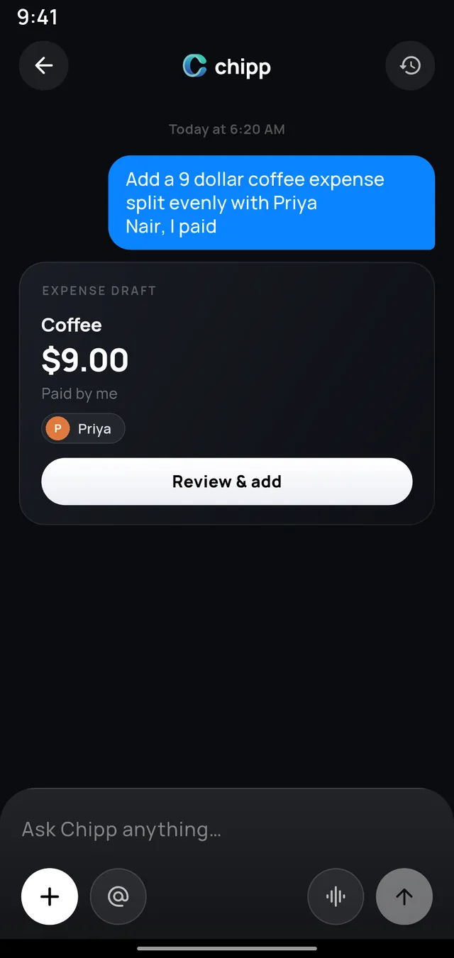 Chipp AI on Android turning a typed sentence into a ready-to-confirm expense draft.