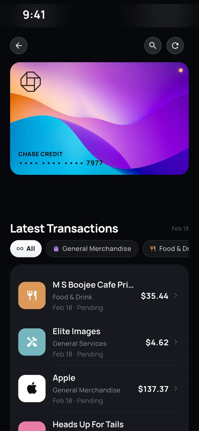 A linked credit card on iPhone with recent transactions and options to split one with friends or add it to a group.