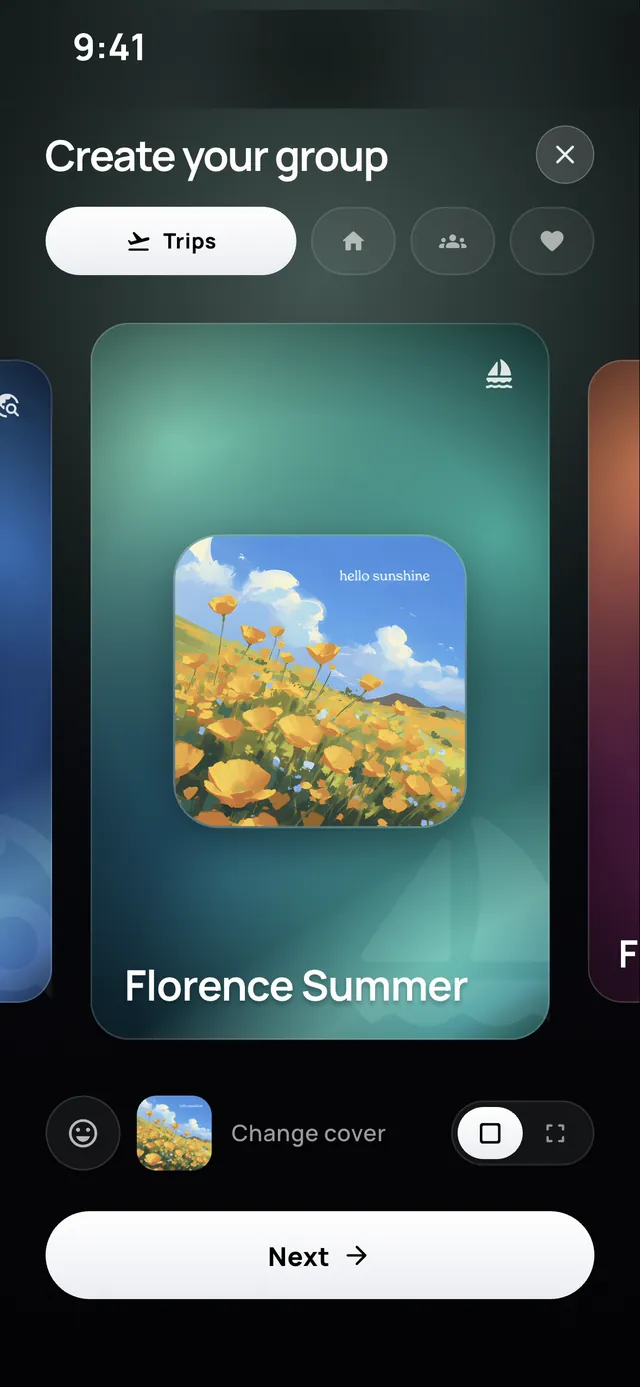 Creating a group on iPhone, choosing a cover image for a trip called Florence Summer.