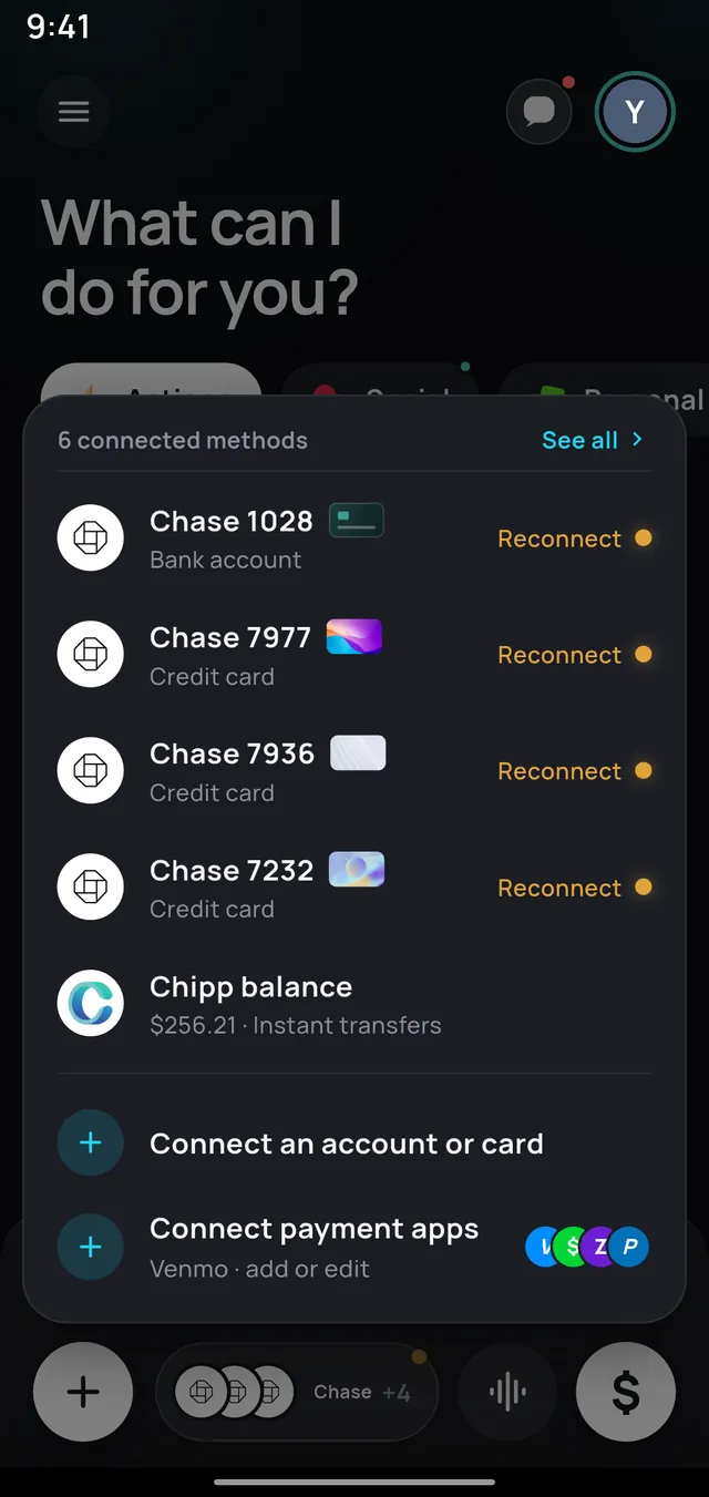 A sheet on Android listing six connected payment methods including bank accounts, credit cards and the Chipp balance.