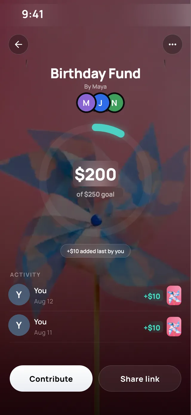 A money pool on iPhone called Birthday Fund, showing $200 collected of a $250 goal with recent contributions.