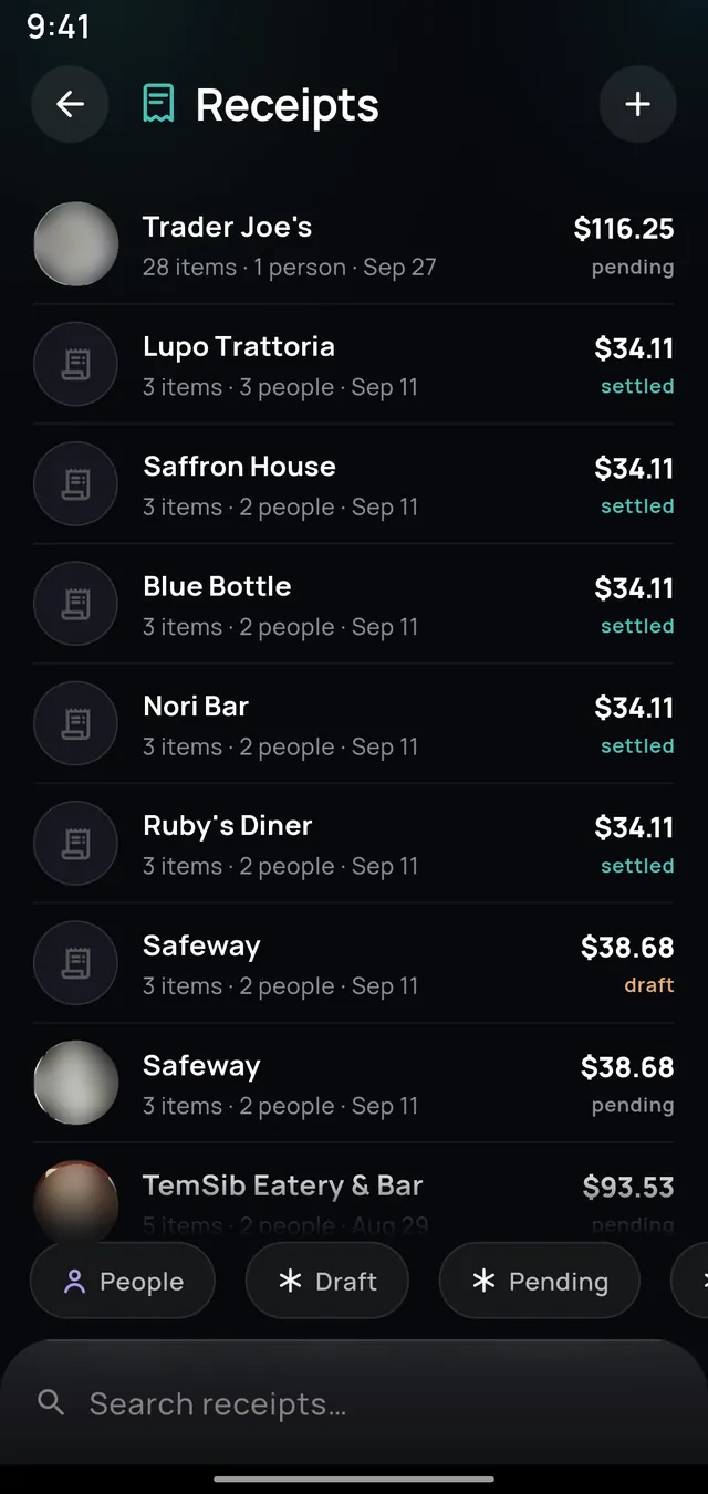 A list of scanned receipts on Android with item counts, people and settled or pending status.