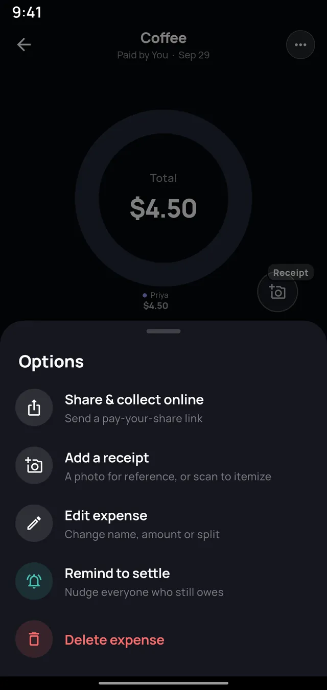 An expense options sheet on Android with share and collect online, add a receipt, edit, remind to settle and delete.