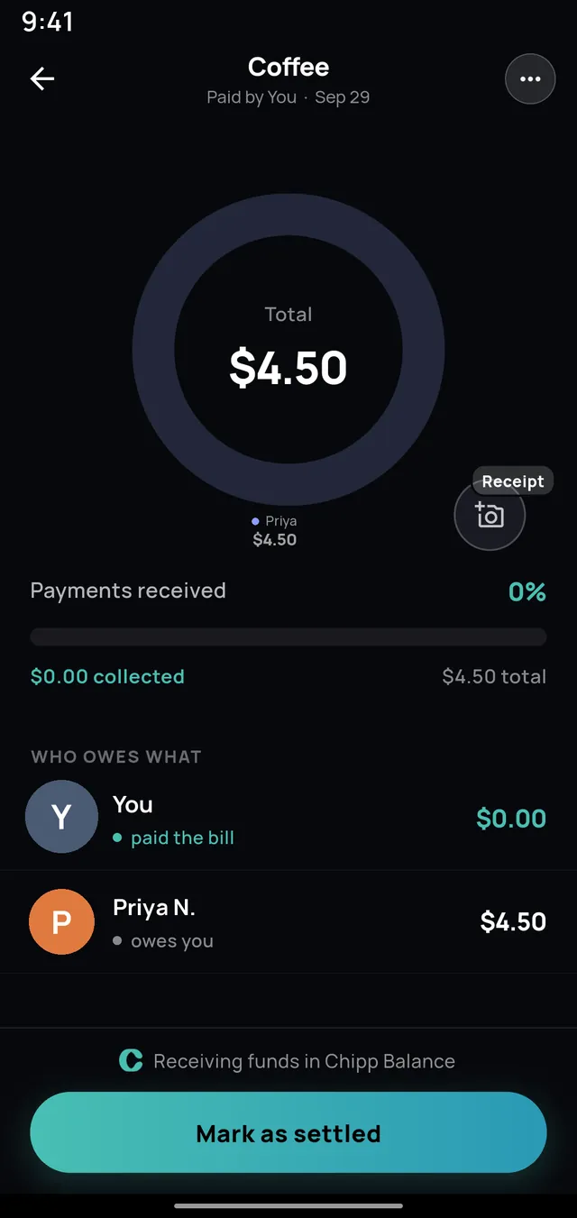 An expense called Coffee for $4.50 on Android, with a donut chart and a who-owes-what breakdown.