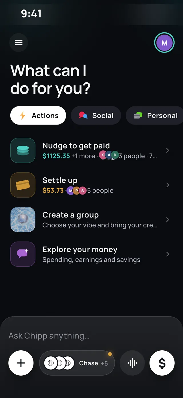 The Chipp home screen on iPhone, showing a nudge to get paid, a settle-up card and a prompt to create a group.