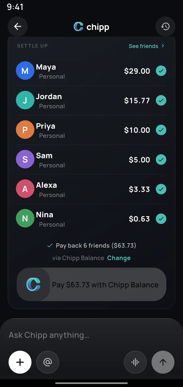 A settle-up card on Android listing six friends with the amount owed to each and a single button to pay them all from the Chipp balance.