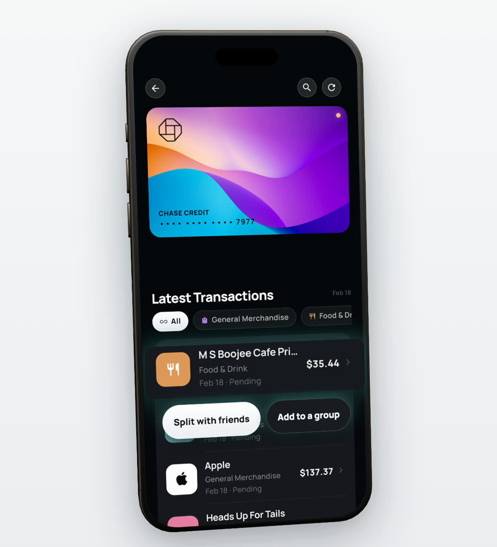 A list of recent card transactions, each with a Split with friends button.