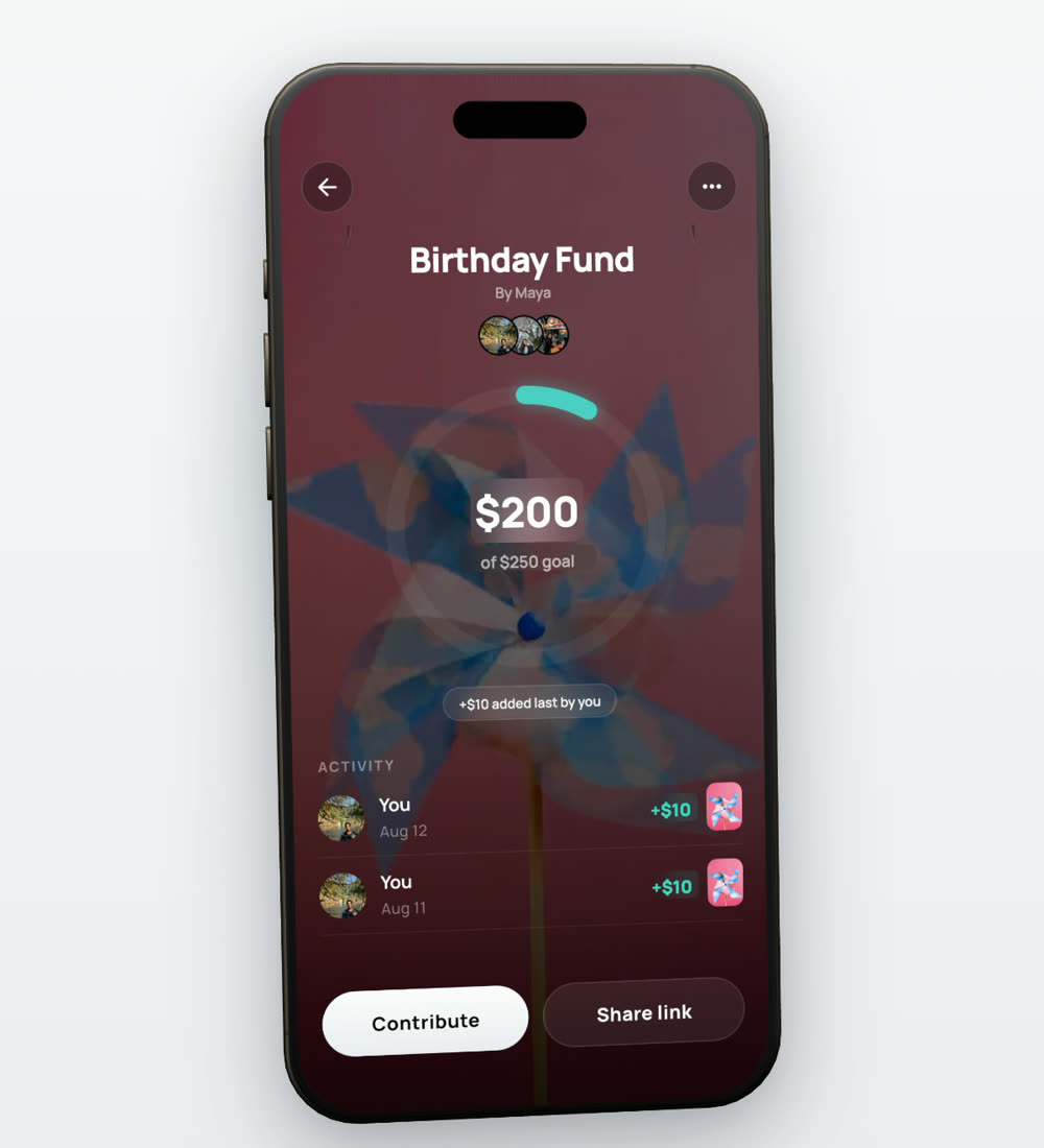 A birthday fund pool at $200 of its goal with contributors listed.