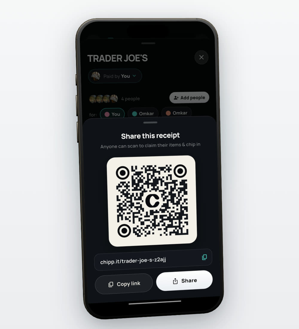 A receipt share sheet with a link and a QR code.