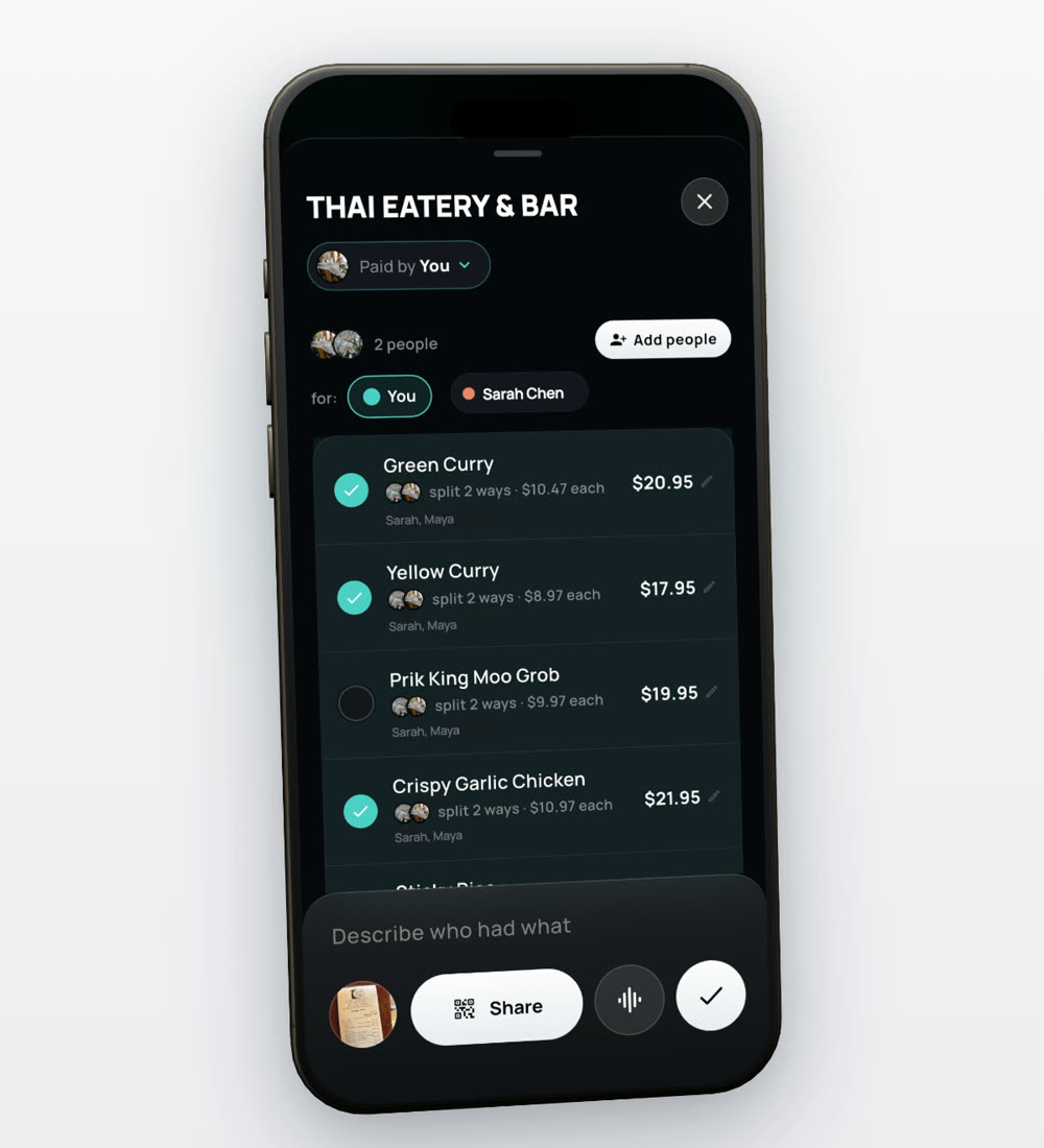 A scanned restaurant receipt with each item assigned to a person.